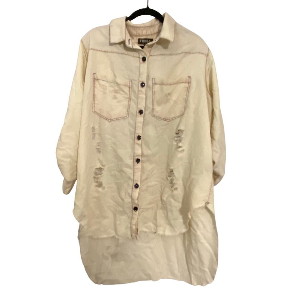 Thrill Jeans Cream Thrashed Grunge Distressed Shirt Jacket‎ Shacket Raw Hem 3X